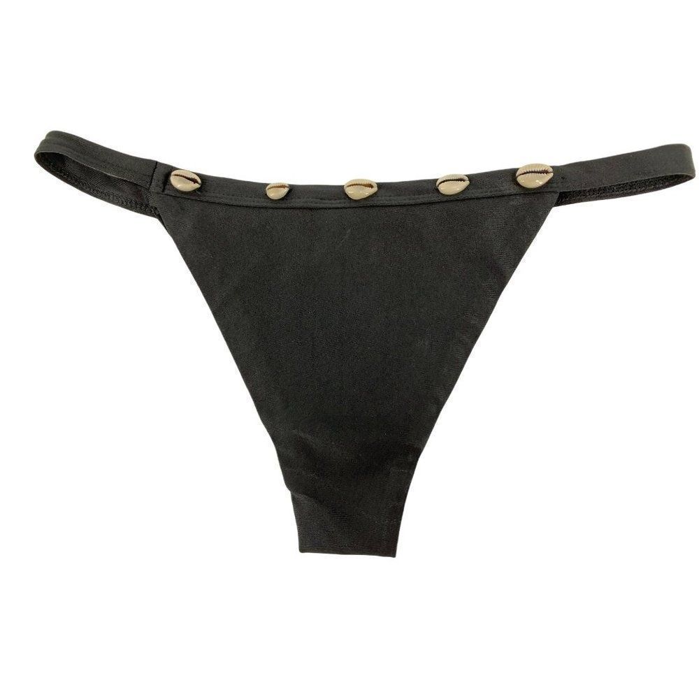 Black String Bikini Bottom Large Cowrie Sea Shell Embellished Hey Babe 1581